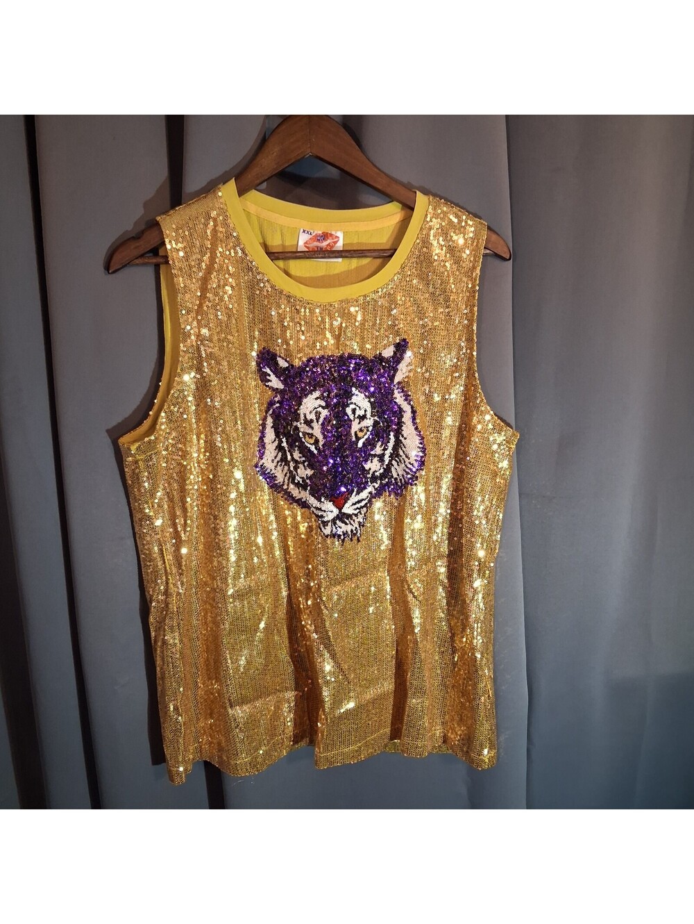 Sparkle City Gold Sequin Sleeveless Top with Tiger Design XXL